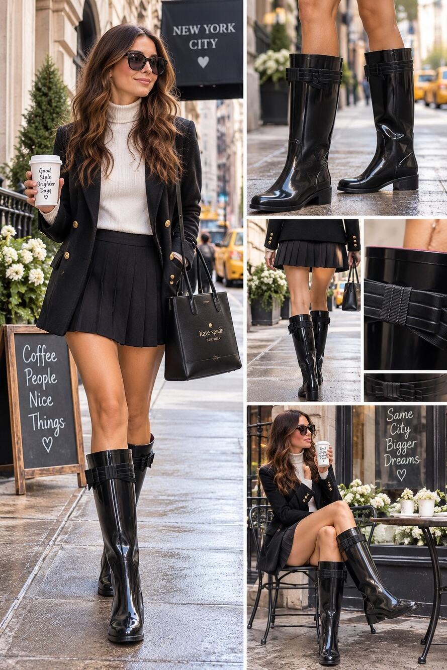 Kate Spade New York Black Bow Tall Rain Boots Rubber Block Heel 9 Streetwear